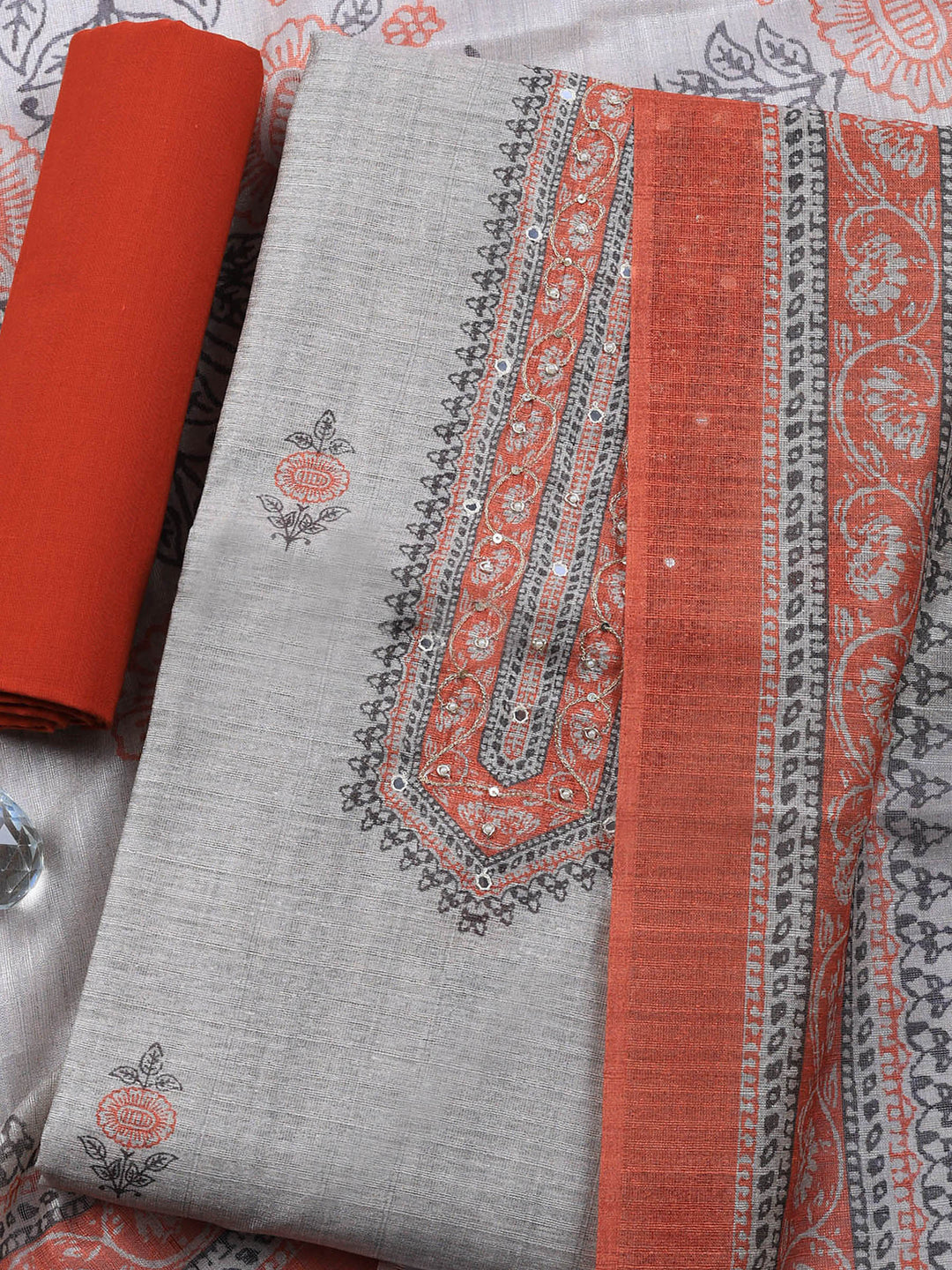 Beige Rust Embroidered Chanderi Unstitched Suit &amp; Pant With Chanderi Dupatta