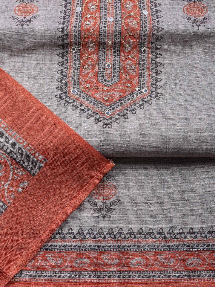 Beige Rust Embroidered Chanderi Unstitched Suit &amp; Pant With Chanderi Dupatta