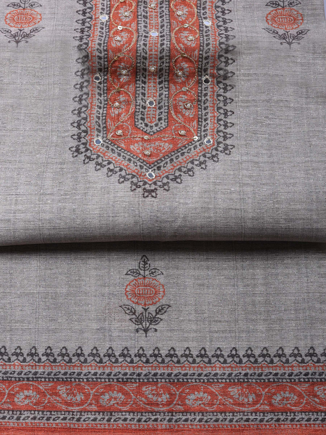 Beige Rust Embroidered Chanderi Unstitched Suit &amp; Pant With Chanderi Dupatta