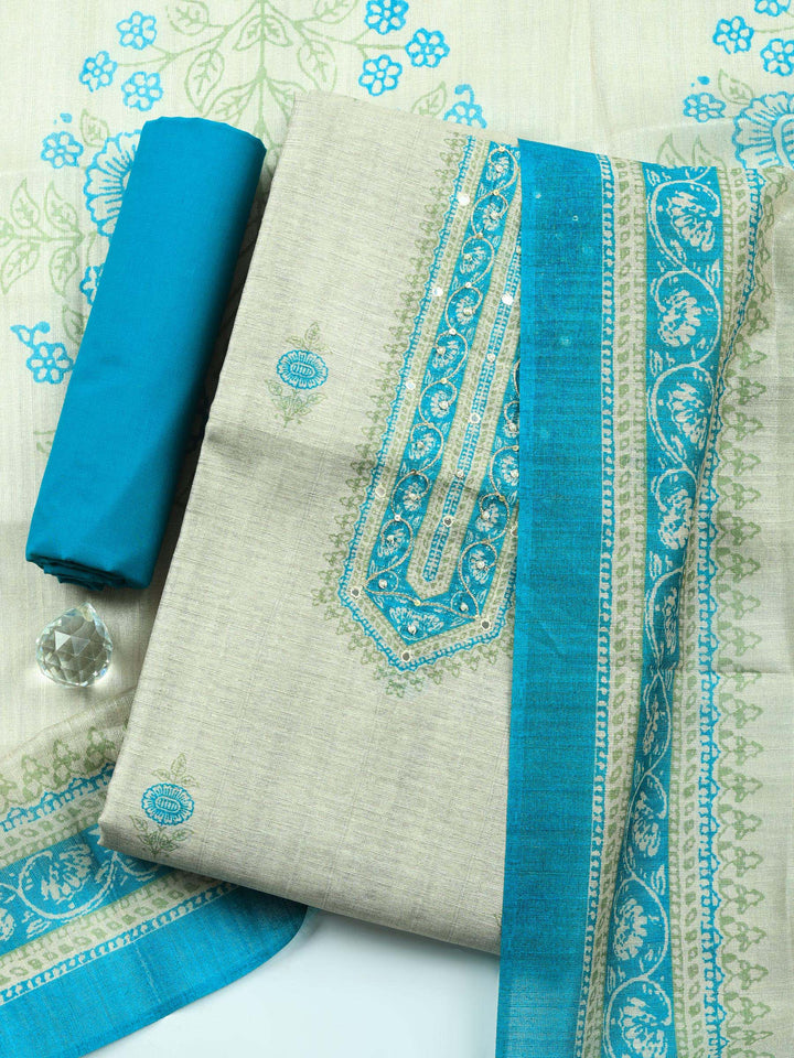 Beige Sea Green Embroidered Chanderi Unstitched Suit &amp; Pant With Chanderi Dupatta