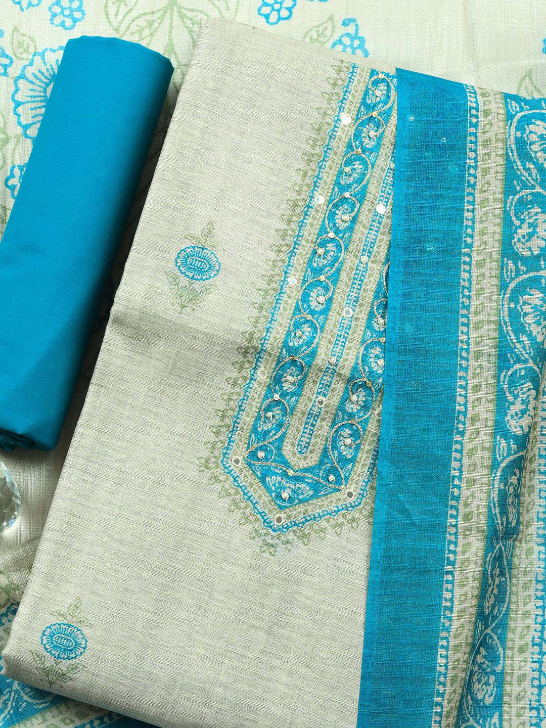 Beige Sea Green Embroidered Chanderi Unstitched Suit &amp; Pant With Chanderi Dupatta