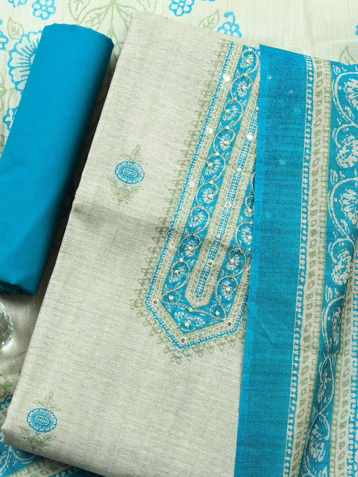 Beige Sea Green Embroidered Chanderi Unstitched Suit &amp; Pant With Chanderi Dupatta