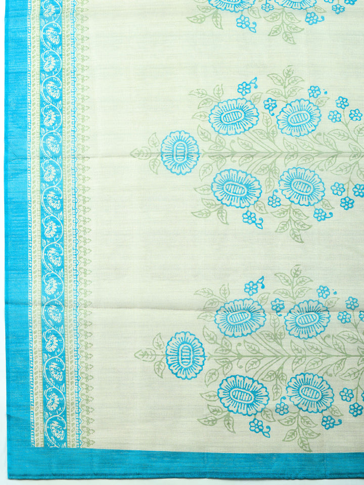 Beige Sea Green Embroidered Chanderi Unstitched Suit &amp; Pant With Chanderi Dupatta