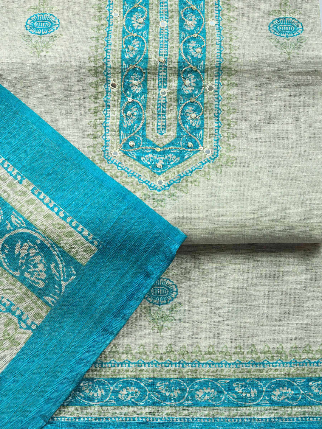 Beige Sea Green Embroidered Chanderi Unstitched Suit &amp; Pant With Chanderi Dupatta