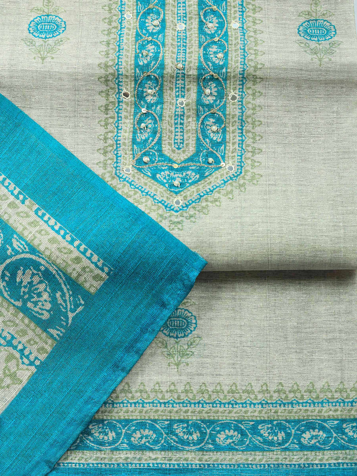 Beige Sea Green Embroidered Chanderi Unstitched Suit &amp; Pant With Chanderi Dupatta