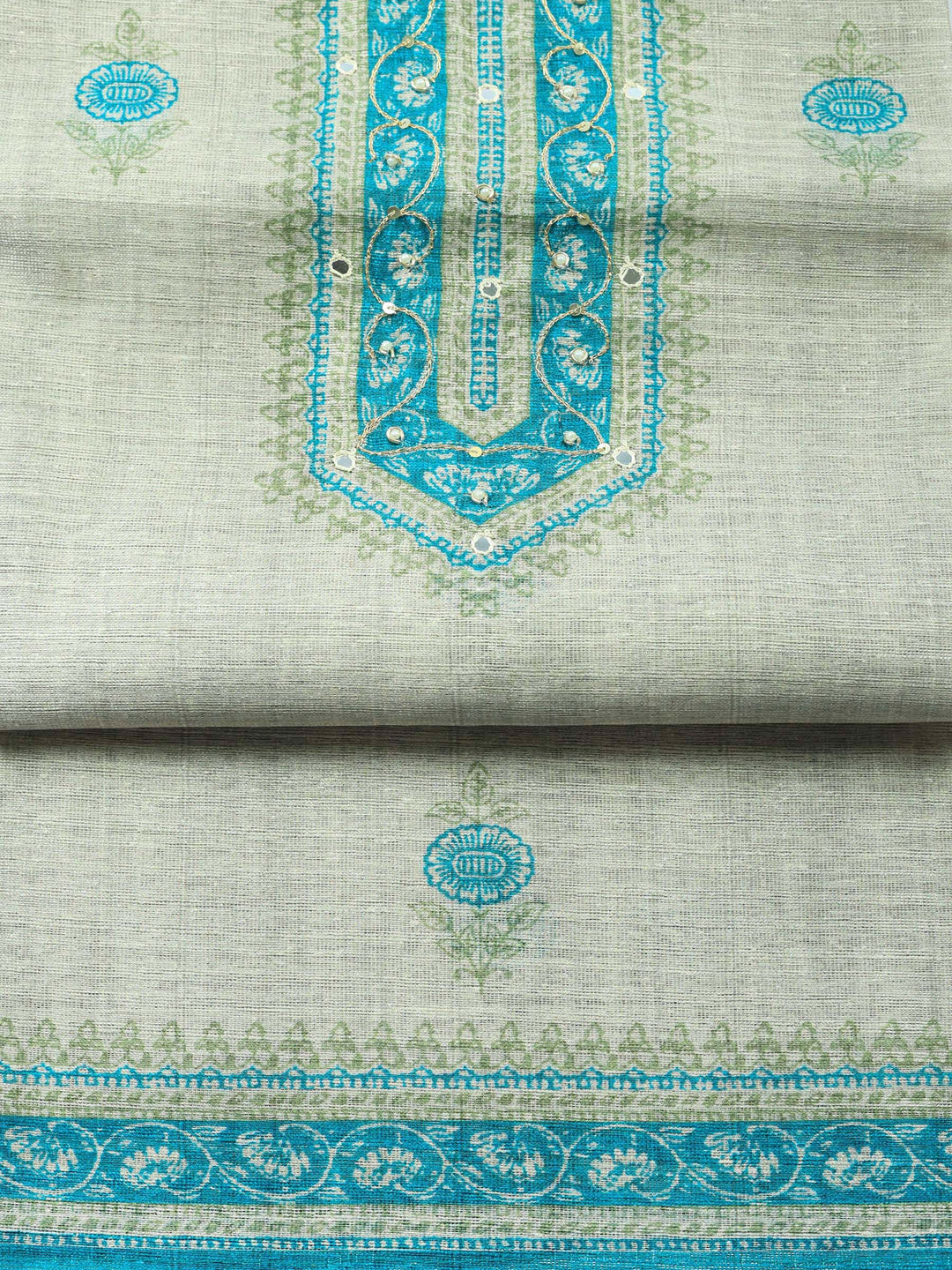 Beige Sea Green Embroidered Chanderi Unstitched Suit &amp; Pant With Chanderi Dupatta