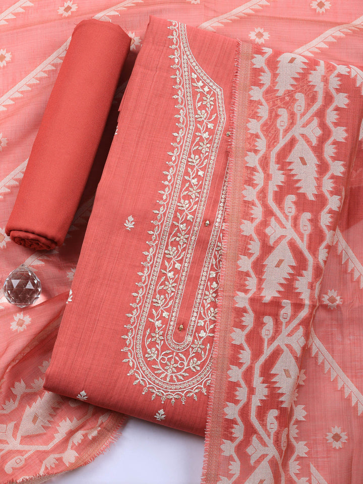 Dull Pink Embroidered Chanderi Unstitched Suit &amp; Pant With Chanderi Dupatta