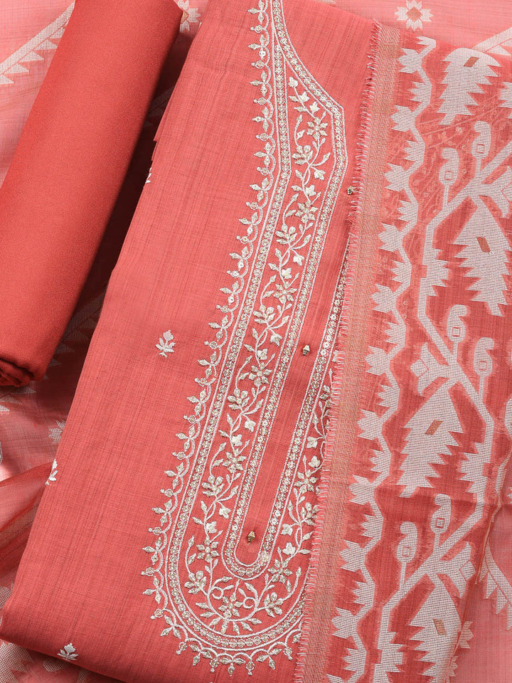 Dull Pink Embroidered Chanderi Unstitched Suit &amp; Pant With Chanderi Dupatta
