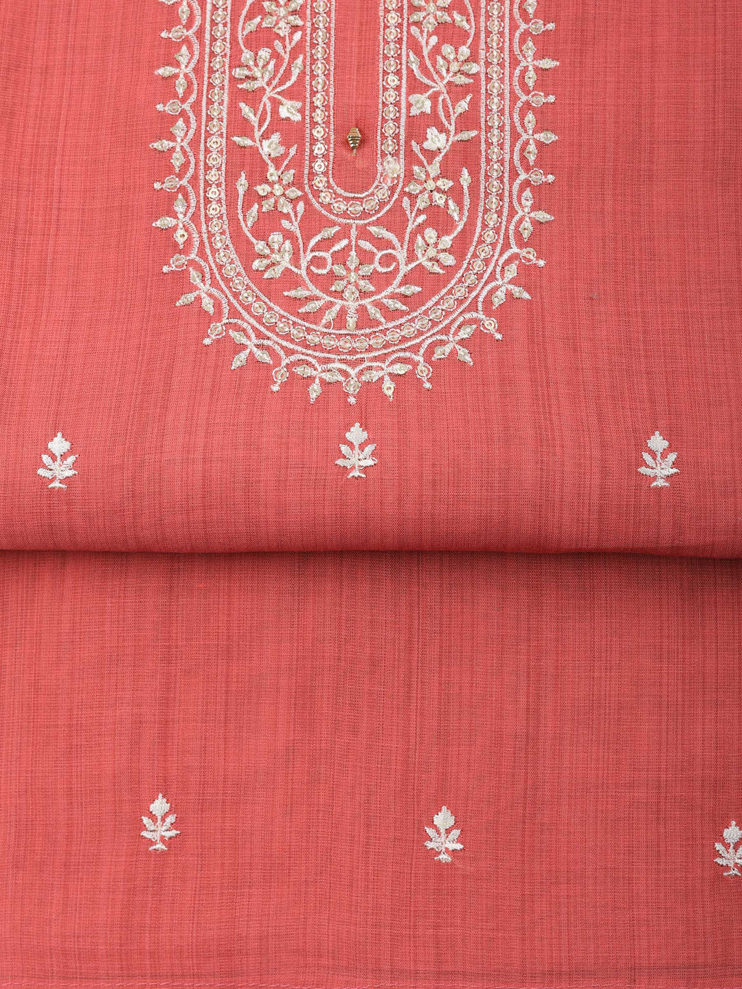 Dull Pink Embroidered Chanderi Unstitched Suit &amp; Pant With Chanderi Dupatta