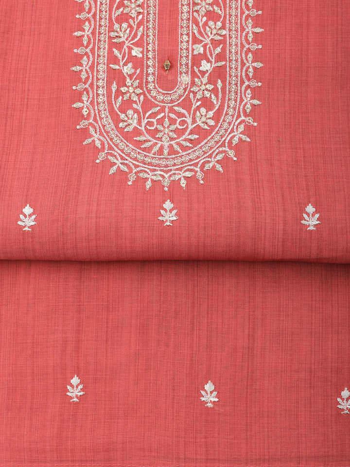 Dull Pink Embroidered Chanderi Unstitched Suit &amp; Pant With Chanderi Dupatta