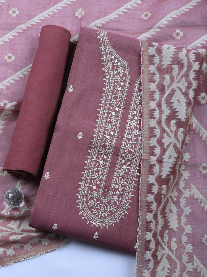 Lavender Embroidered Chanderi Unstitched Suit &amp; Pant With Chanderi Dupatta