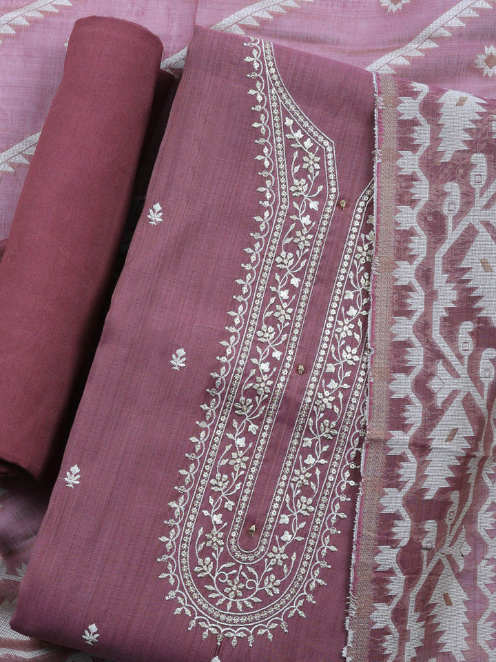 Lavender Embroidered Chanderi Unstitched Suit &amp; Pant With Chanderi Dupatta