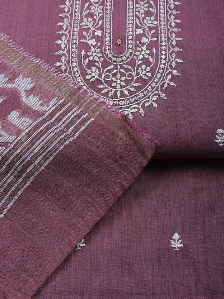 Lavender Embroidered Chanderi Unstitched Suit &amp; Pant With Chanderi Dupatta