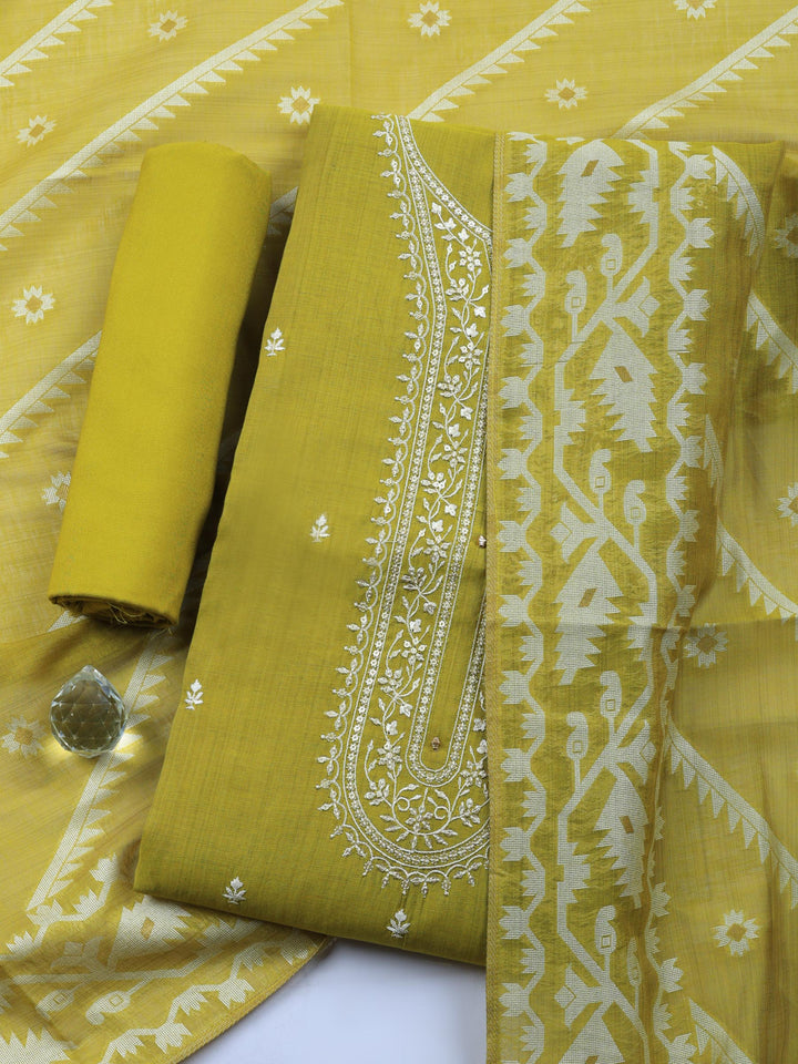Mehndi Embroidered Chanderi Unstitched Suit &amp; Pant With Chanderi Dupatta
