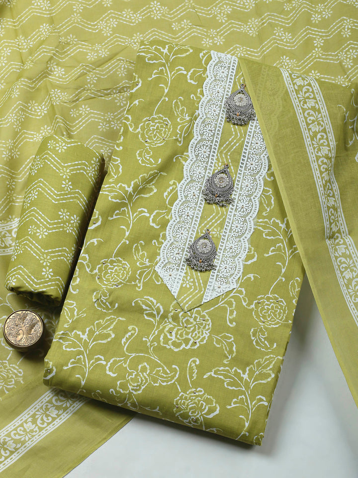 Mehndi Printed Cotton Blend Unstitched Dress Material