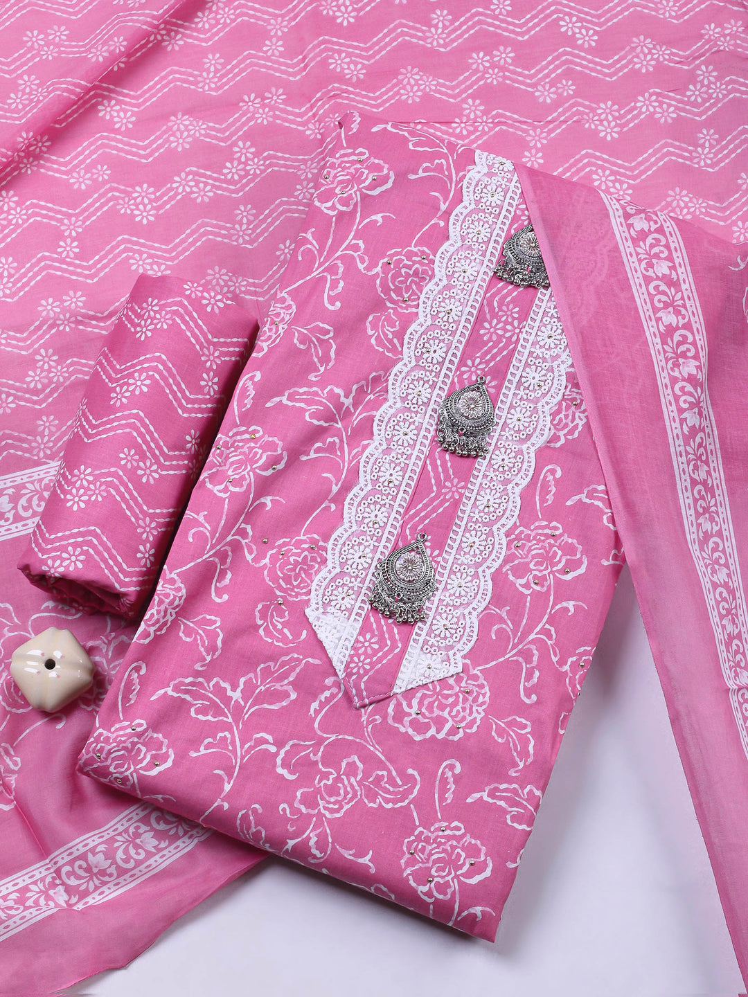 Onion Pink Printed Cotton Blend Unstitched Dress Material
