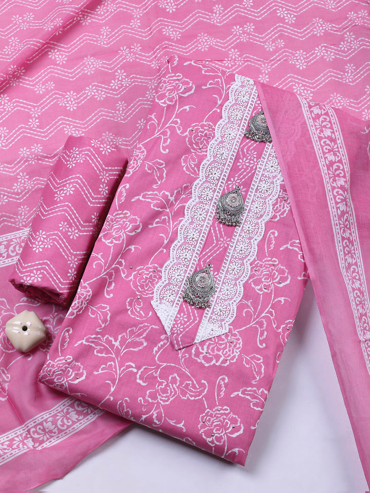 Onion Pink Printed Cotton Blend Unstitched Dress Material