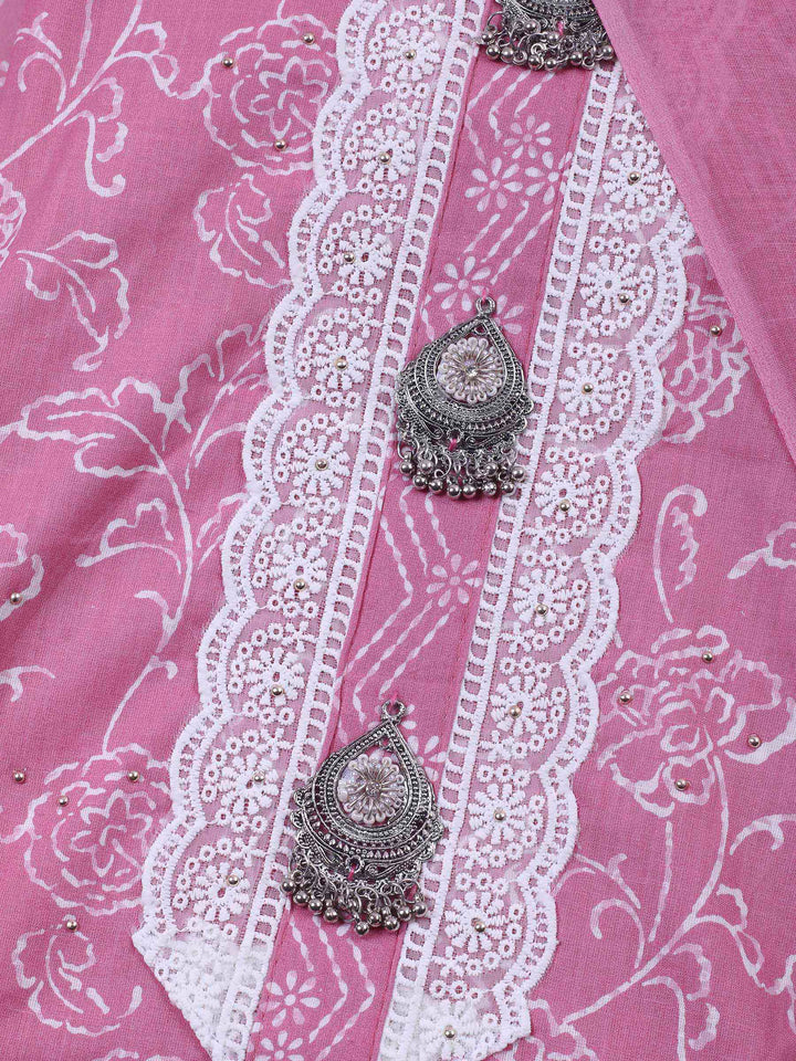 Onion Pink Printed Cotton Blend Unstitched Dress Material