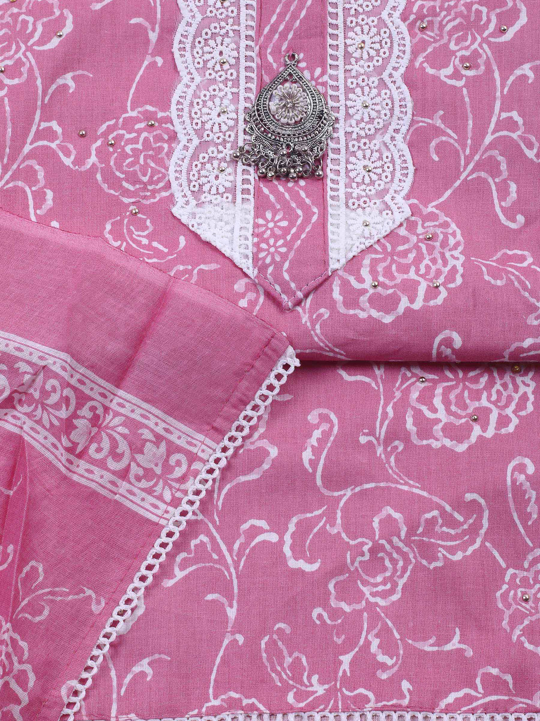 Onion Pink Printed Cotton Blend Unstitched Dress Material