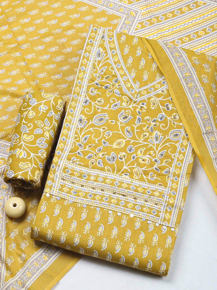 Mustard Printed Cotton Blend Unstitched Dress Material