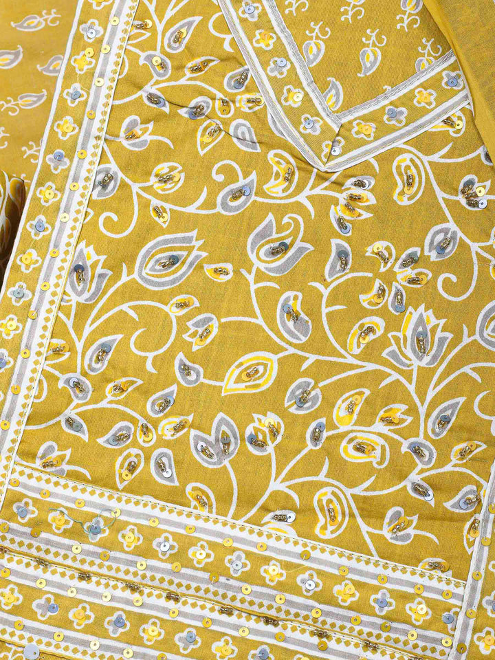 Mustard Printed Cotton Blend Unstitched Dress Material