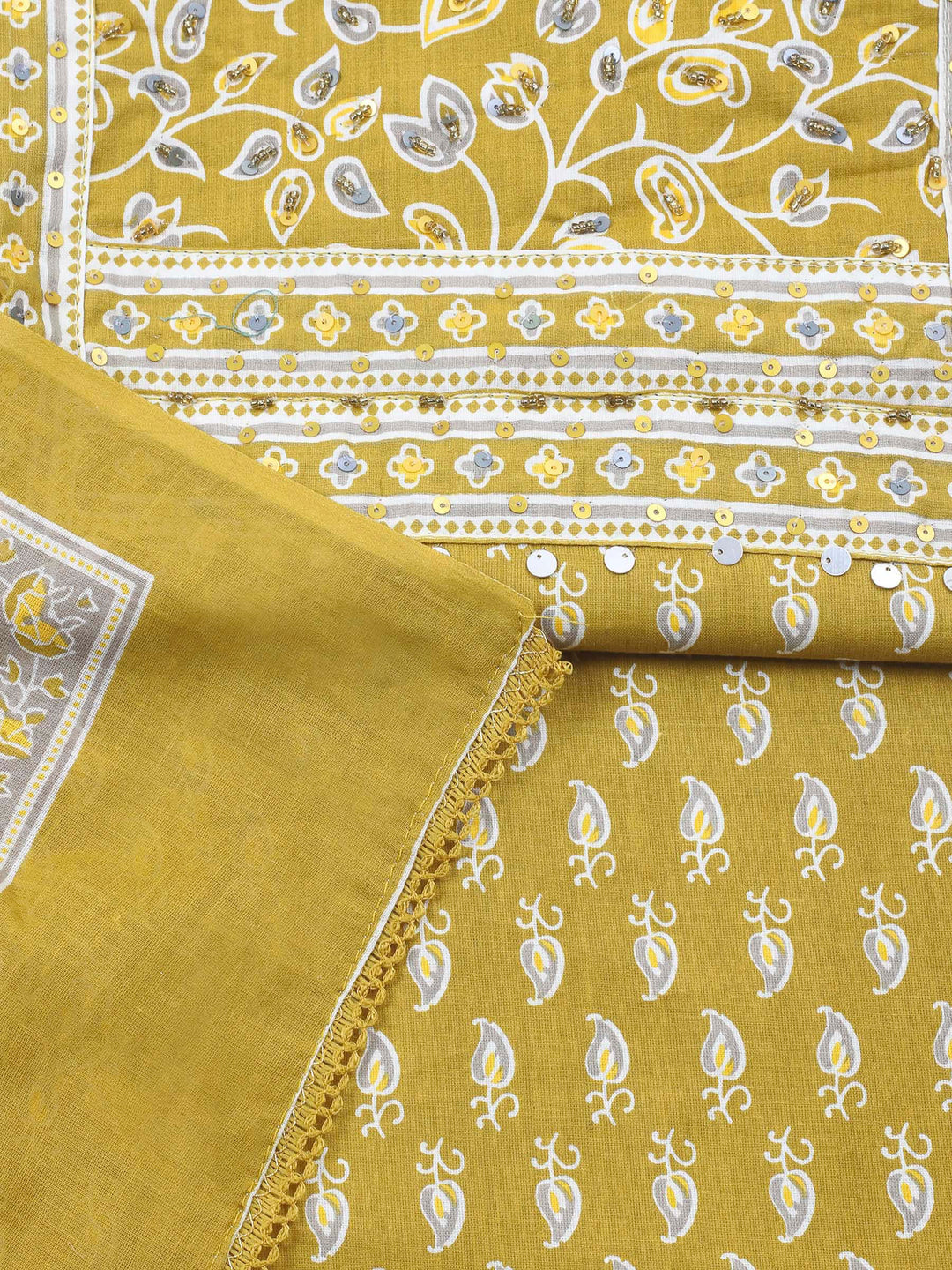 Mustard Printed Cotton Blend Unstitched Dress Material