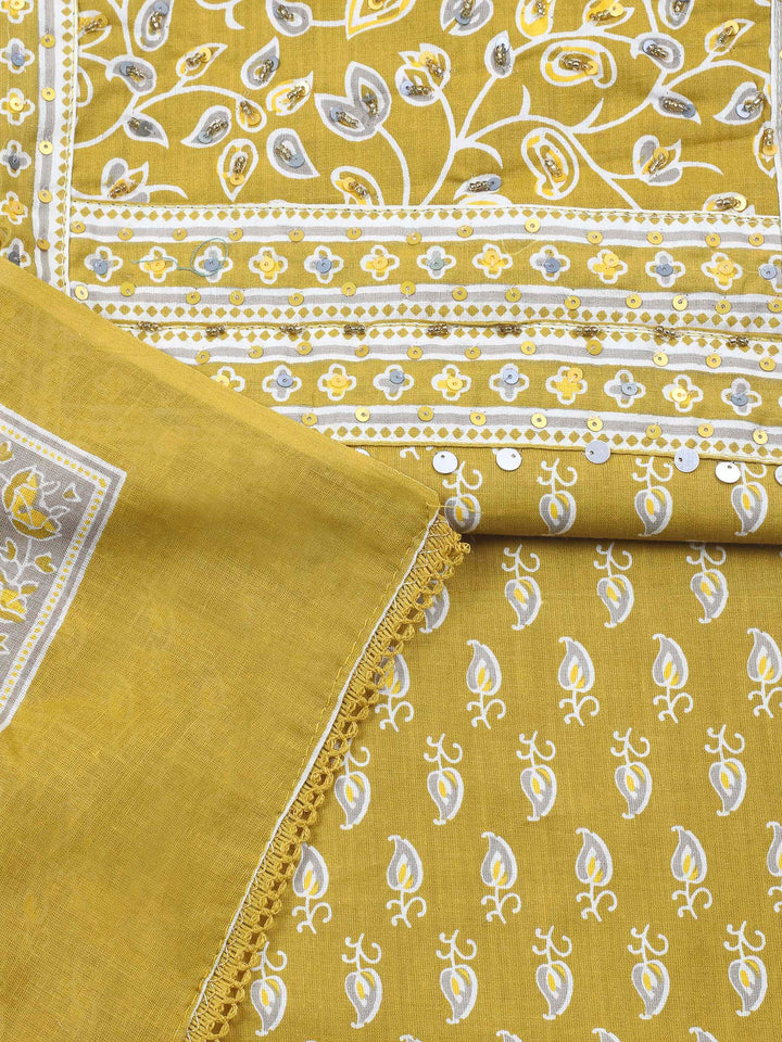 Mustard Printed Cotton Blend Unstitched Dress Material