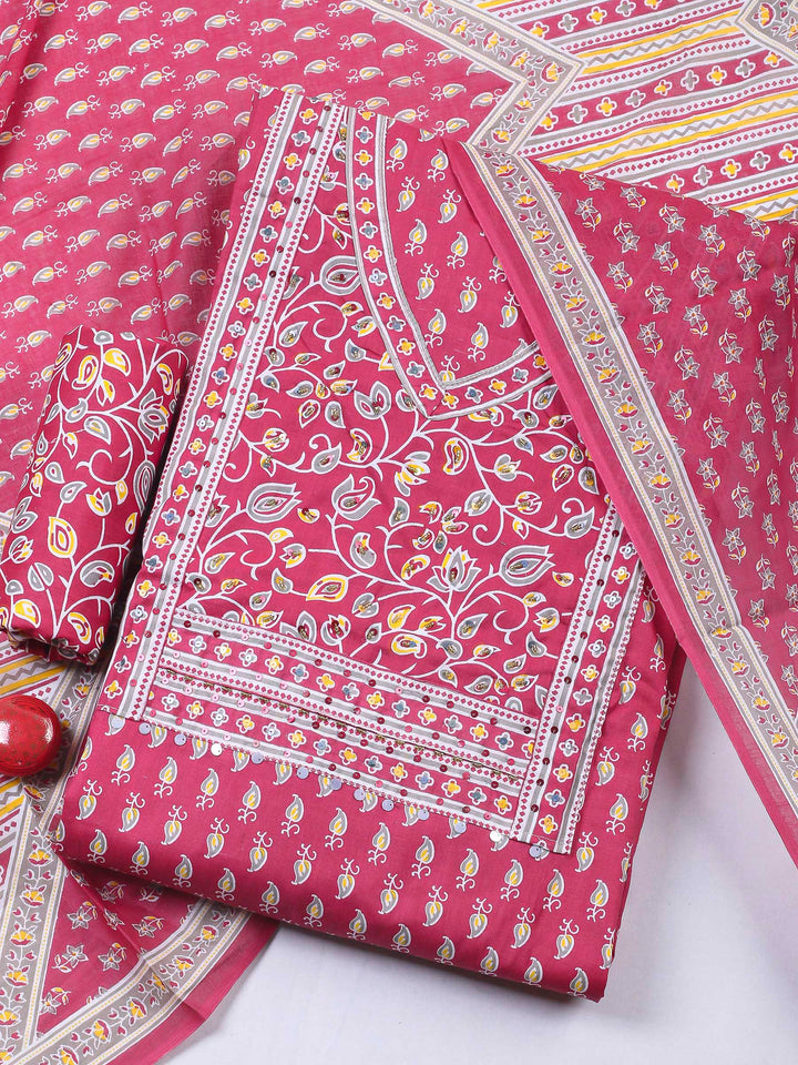 Onion Pink Printed Cotton Blend Unstitched Dress Material