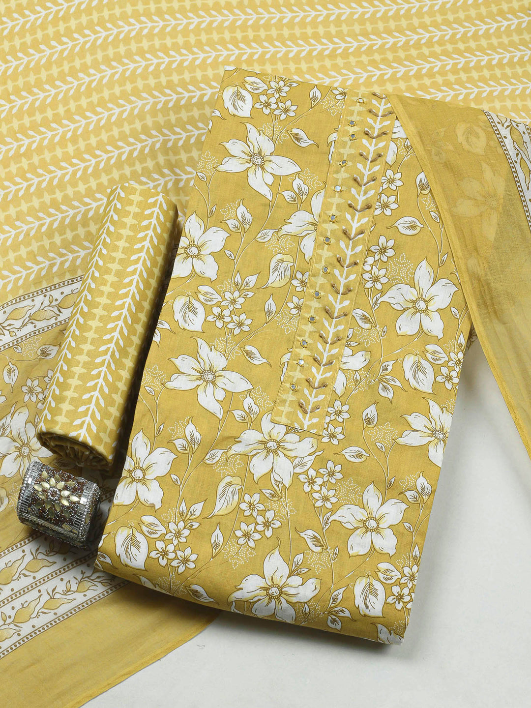 Mustard Printed Cotton Blend Unstitched Dress Material