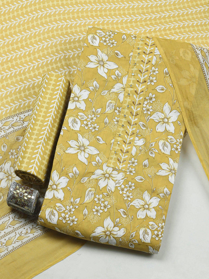 Mustard Printed Cotton Blend Unstitched Dress Material
