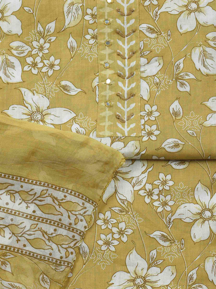 Mustard Printed Cotton Blend Unstitched Dress Material