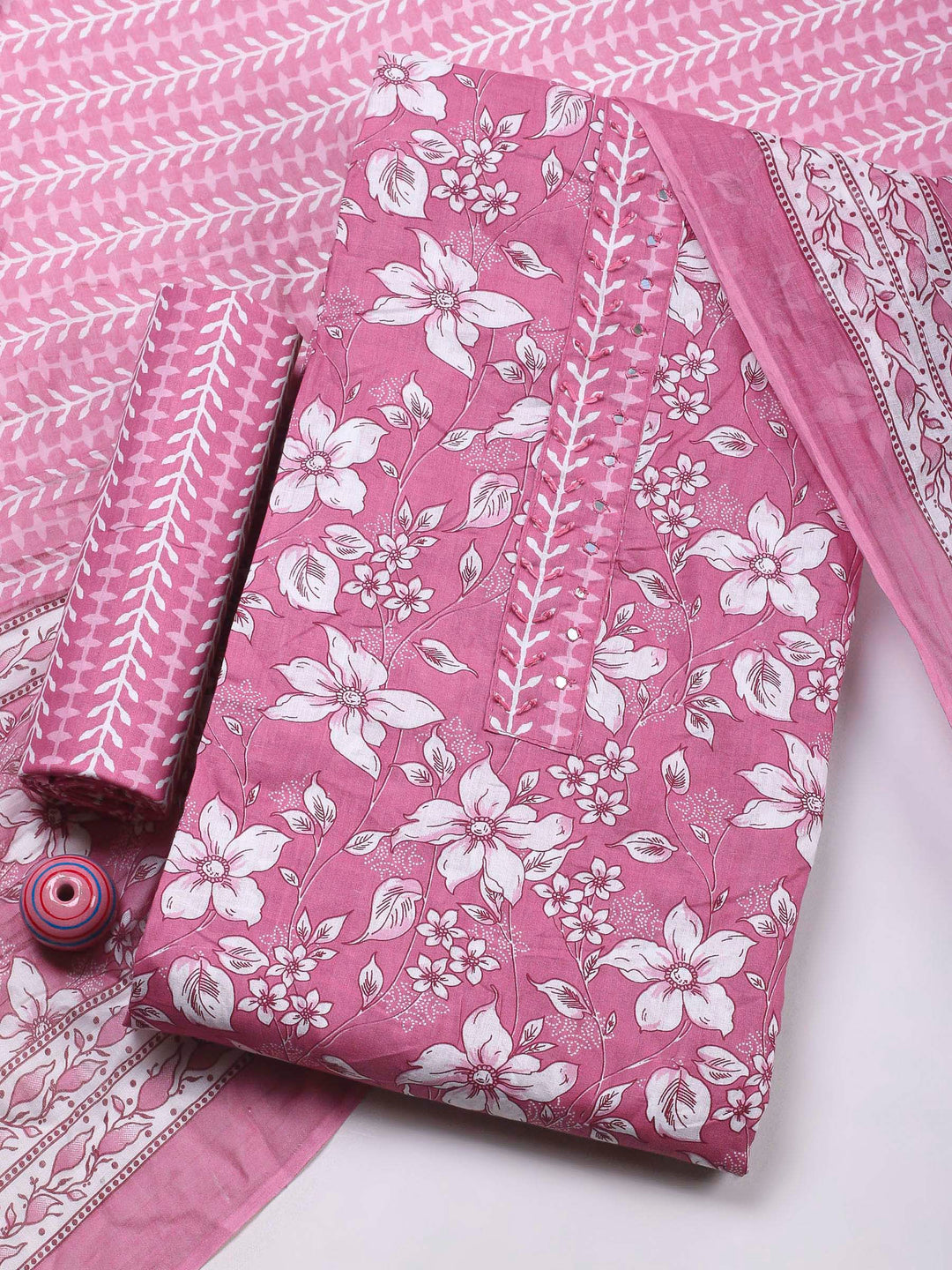 Pink Printed Cotton Blend Unstitched Dress Material