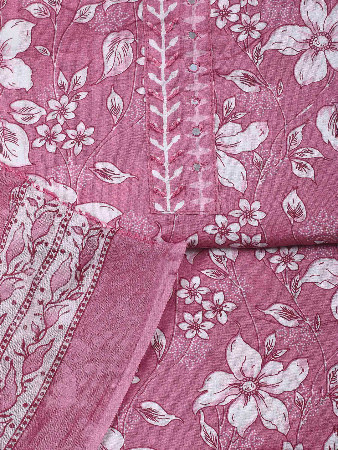Pink Printed Cotton Blend Unstitched Dress Material