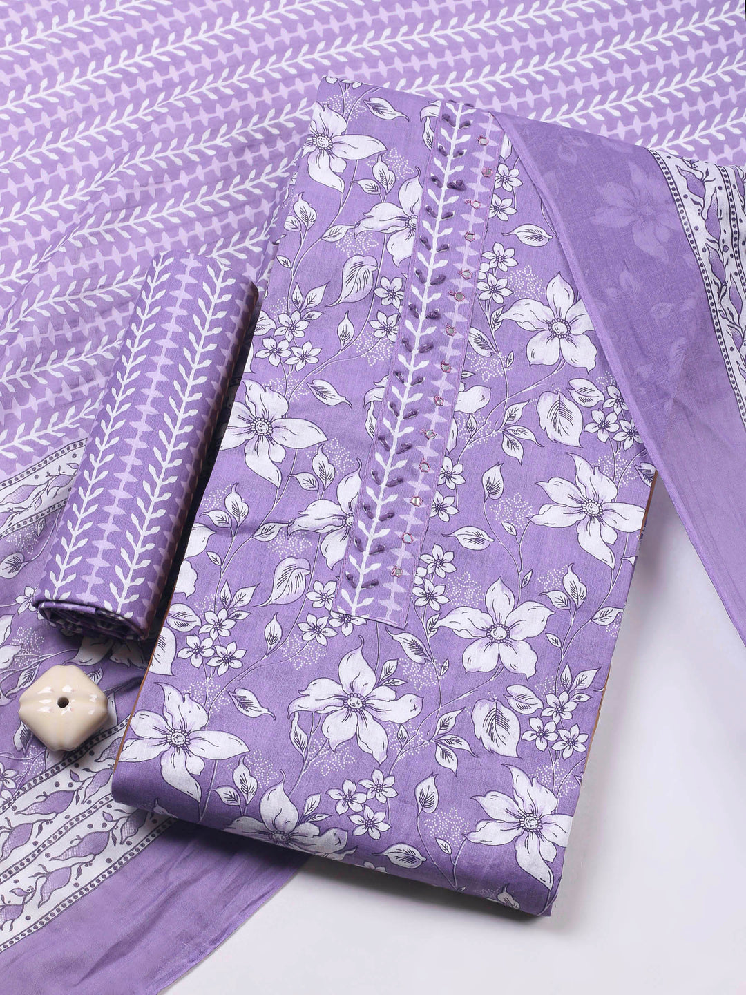 Purple Printed Cotton Blend Unstitched Dress Material
