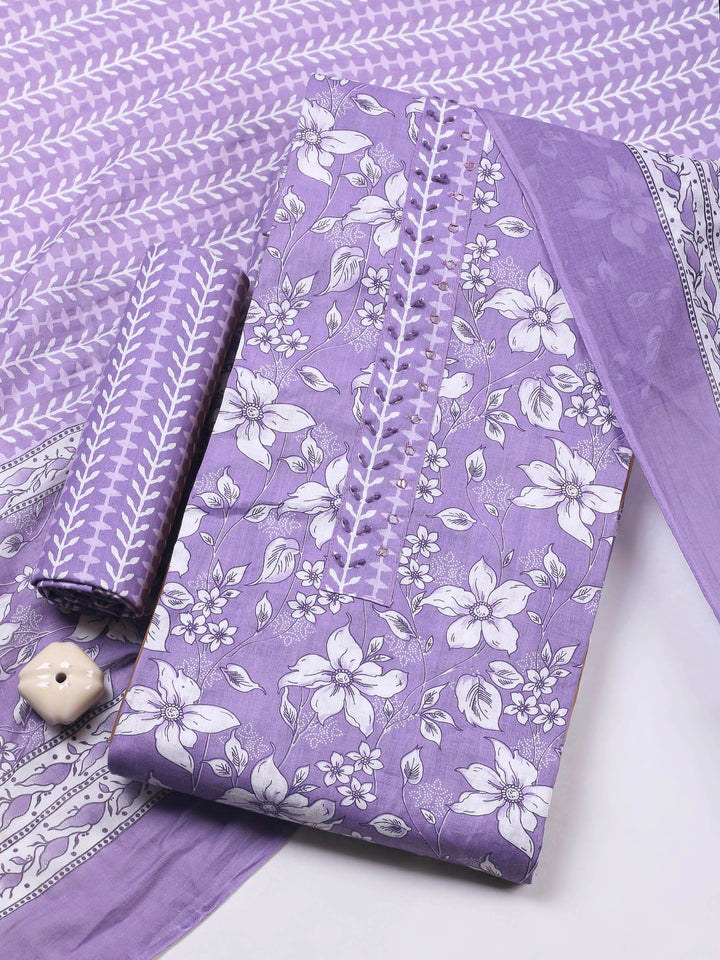 Purple Printed Cotton Blend Unstitched Dress Material