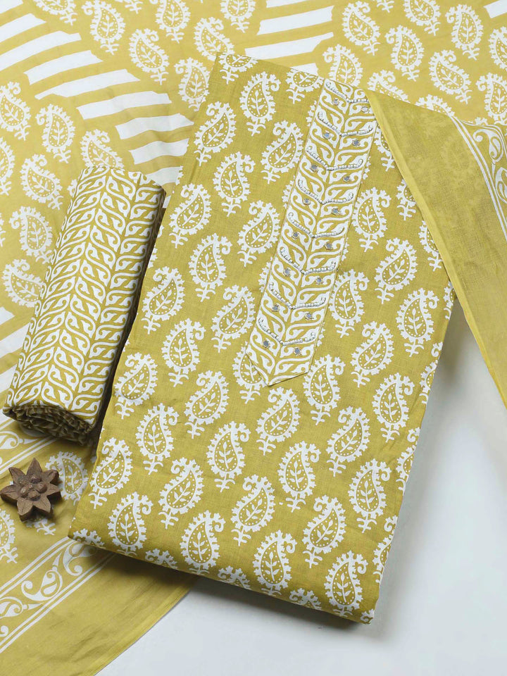 Olive Green Printed Cotton Blend Unstitched Dress Material