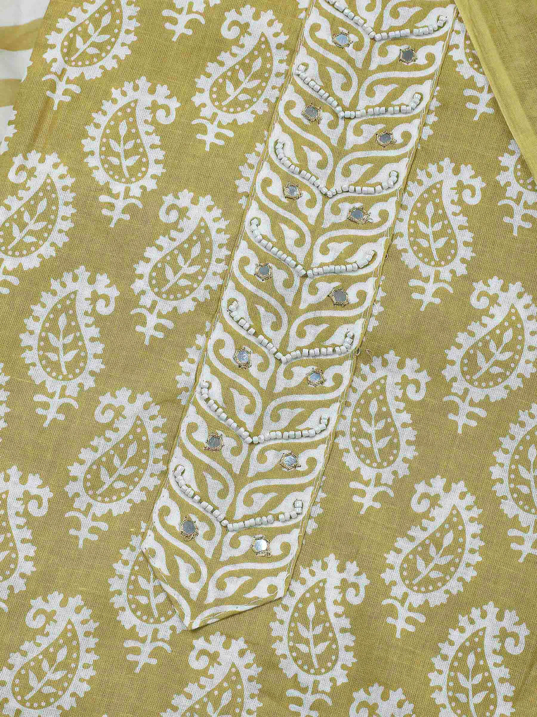 Olive Green Printed Cotton Blend Unstitched Dress Material