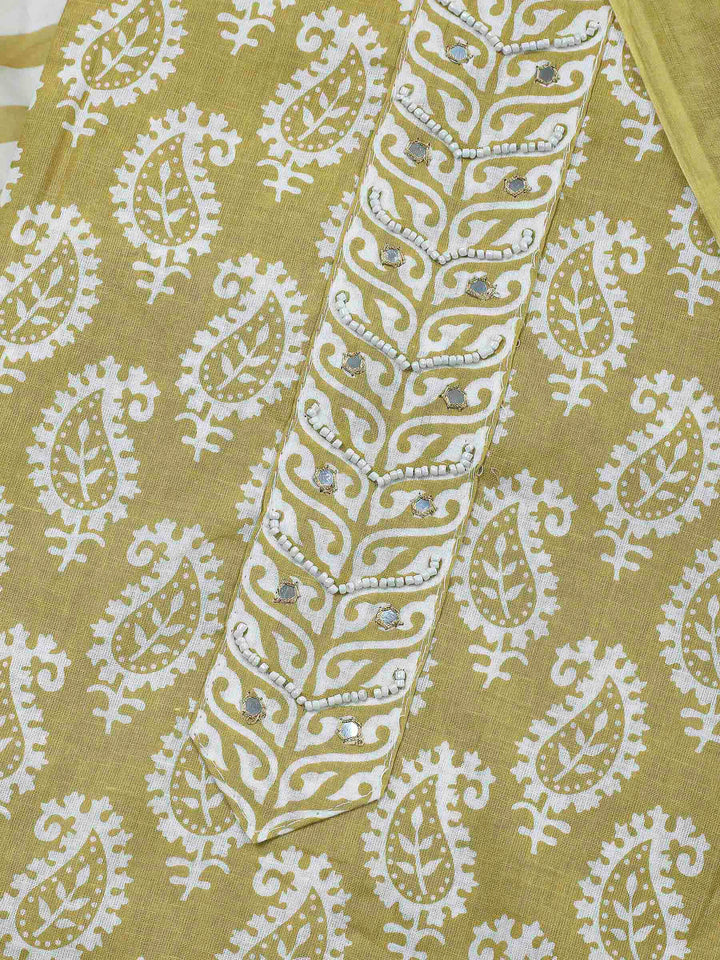 Olive Green Printed Cotton Blend Unstitched Dress Material