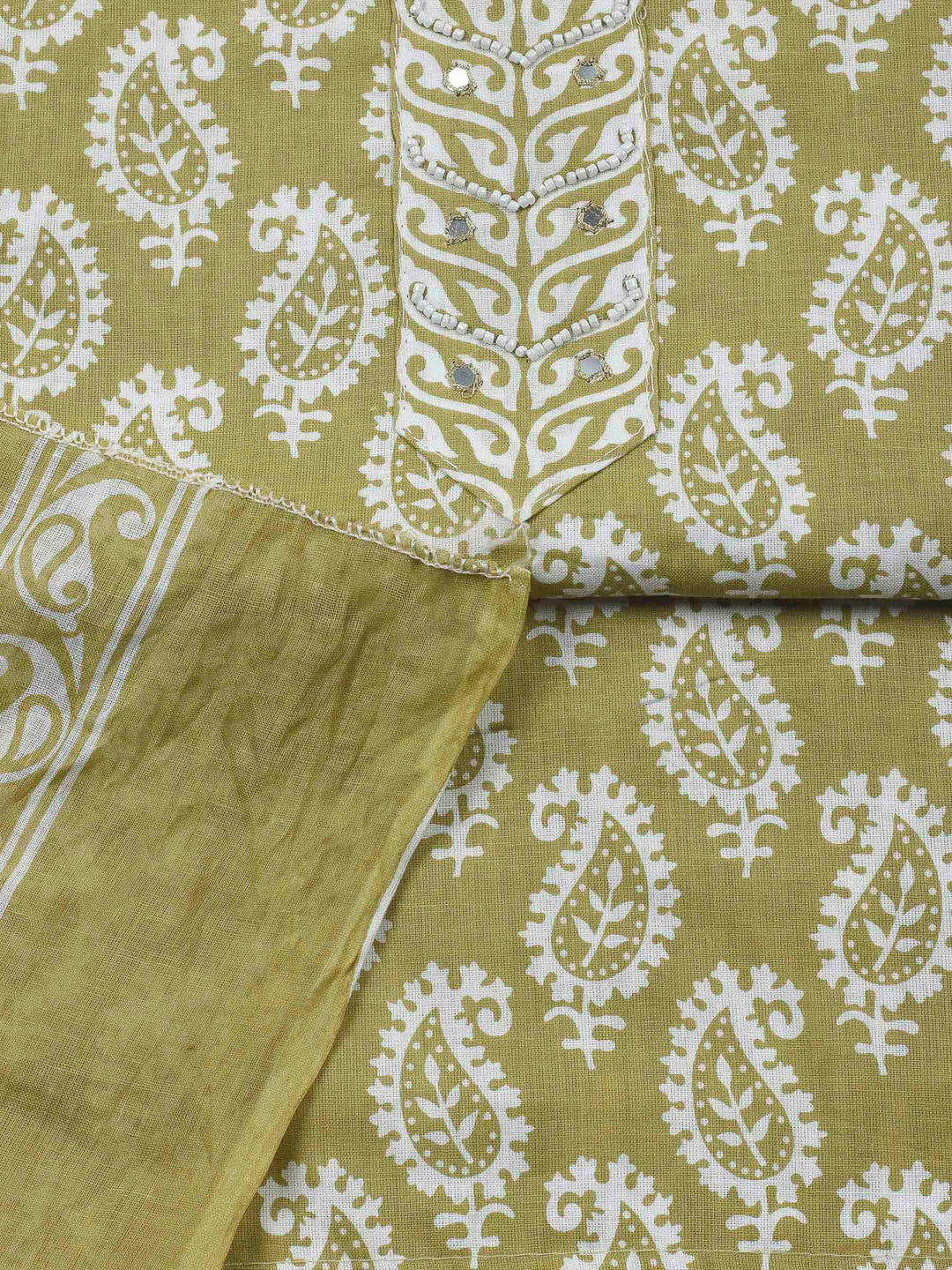 Olive Green Printed Cotton Blend Unstitched Dress Material