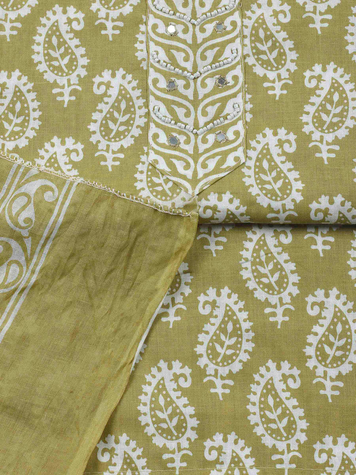 Olive Green Printed Cotton Blend Unstitched Dress Material