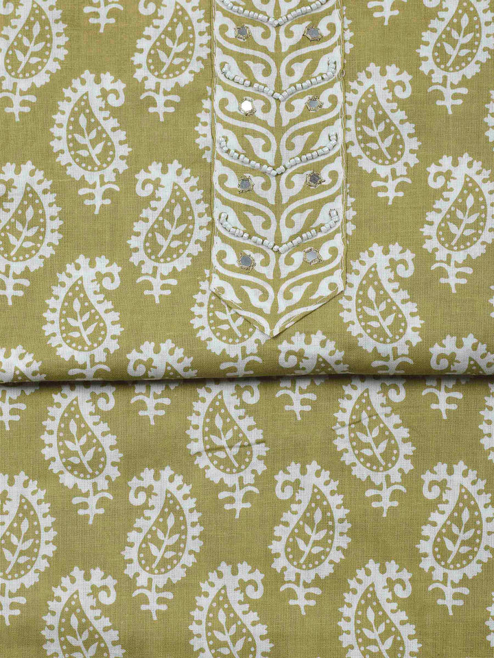 Olive Green Printed Cotton Blend Unstitched Dress Material