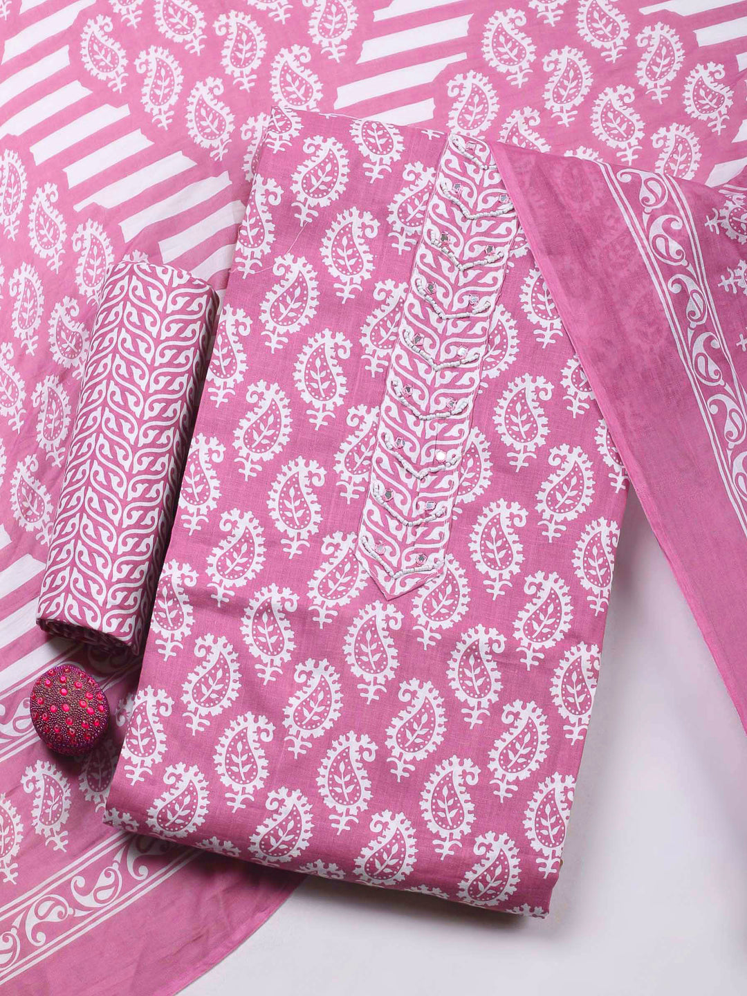 Onion Pink Printed Cotton Blend Unstitched Dress Material