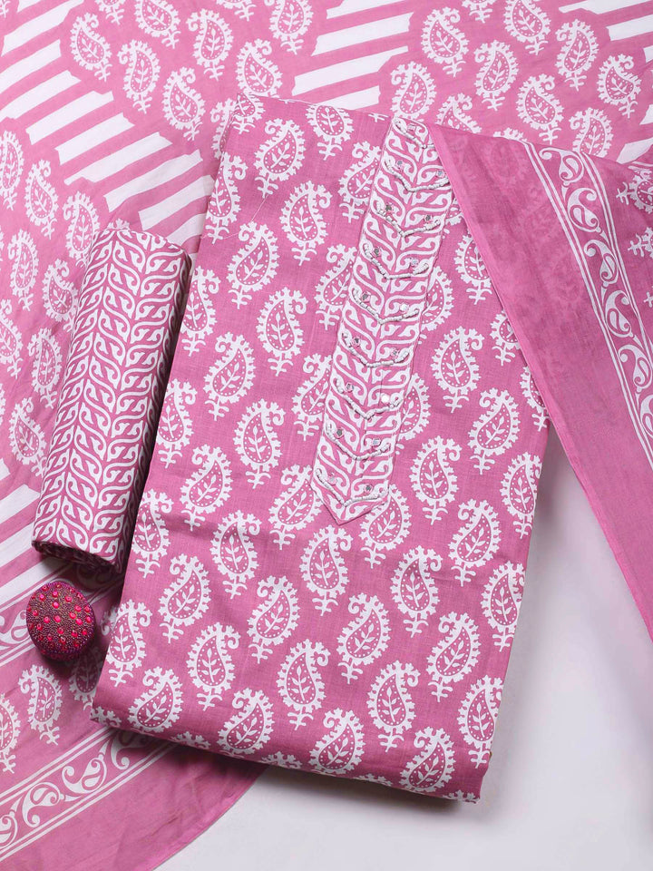 Onion Pink Printed Cotton Blend Unstitched Dress Material