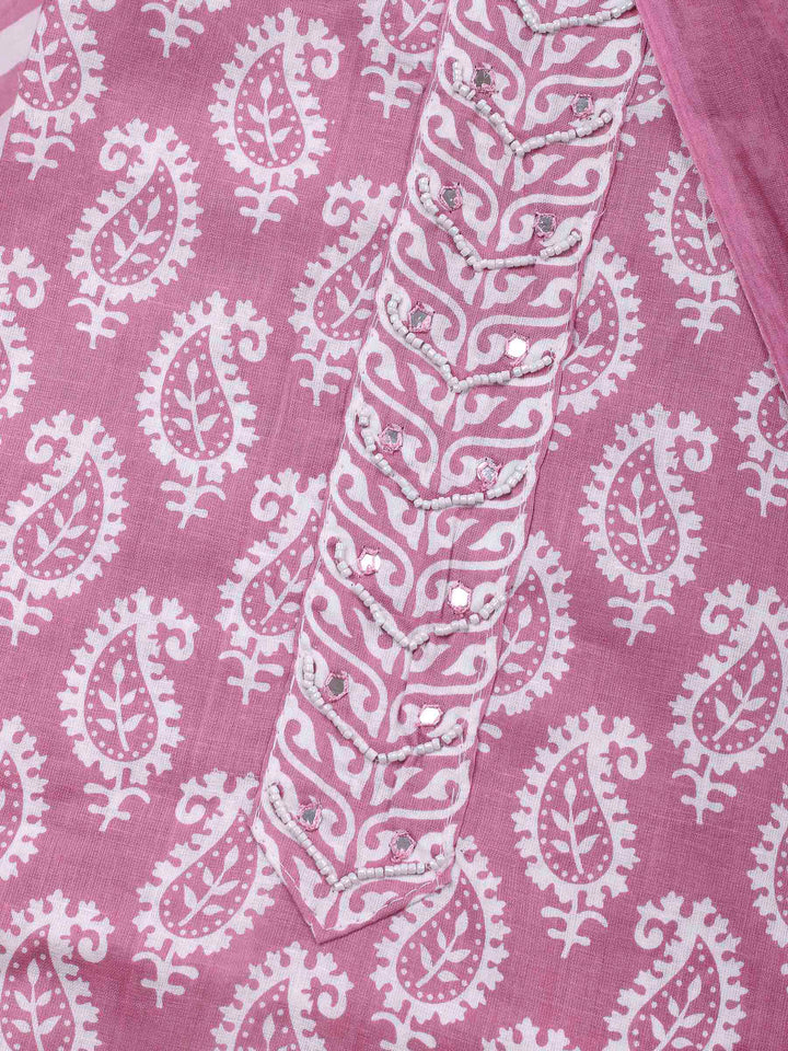 Onion Pink Printed Cotton Blend Unstitched Dress Material