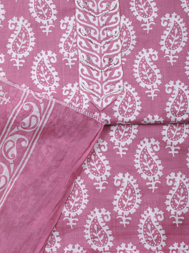 Onion Pink Printed Cotton Blend Unstitched Dress Material