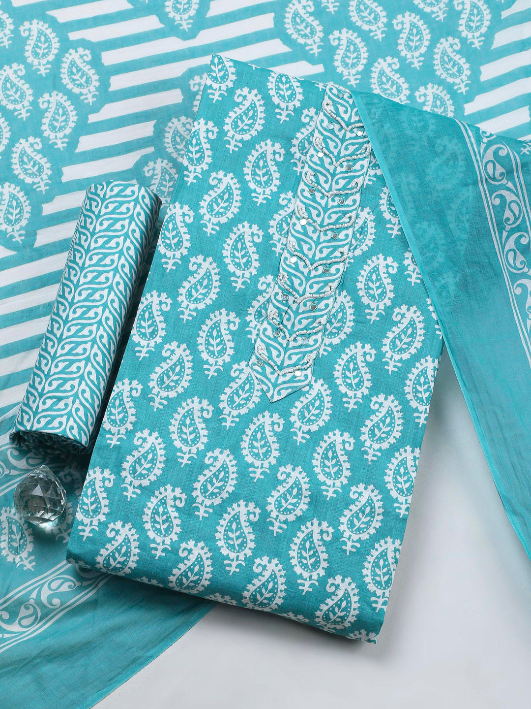 Sea Green Printed Cotton Blend Unstitched Dress Material