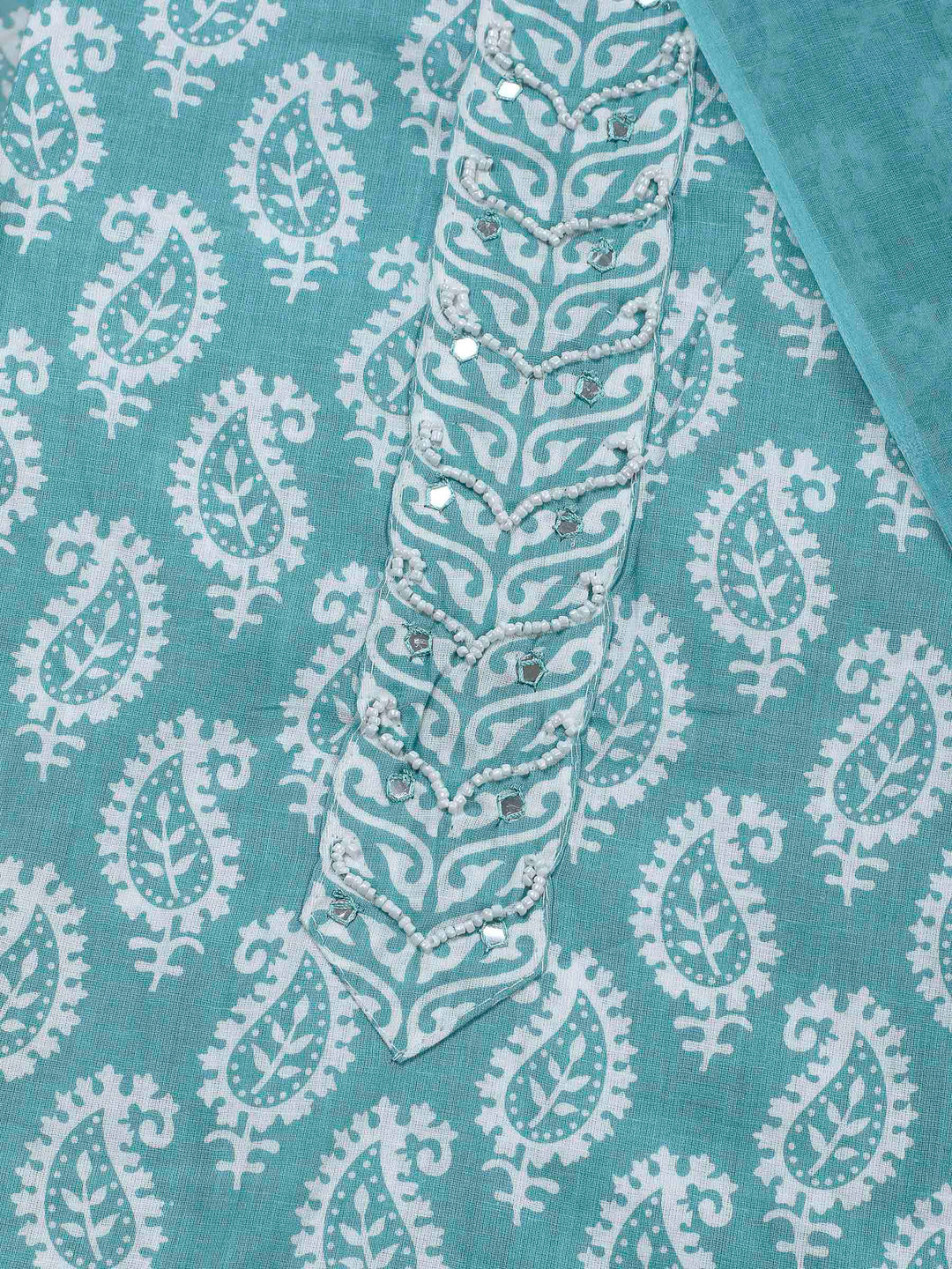 Sea Green Printed Cotton Blend Unstitched Dress Material