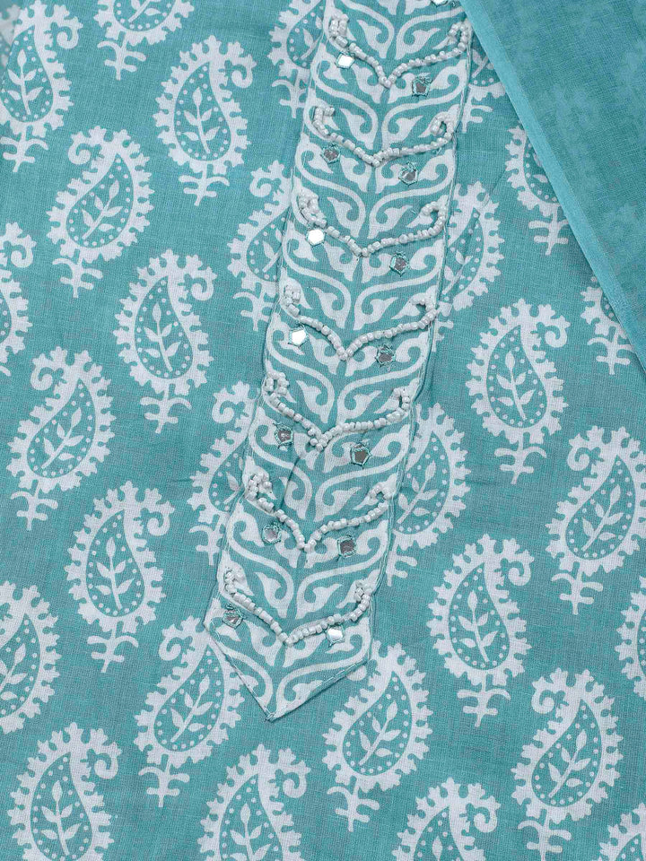 Sea Green Printed Cotton Blend Unstitched Dress Material
