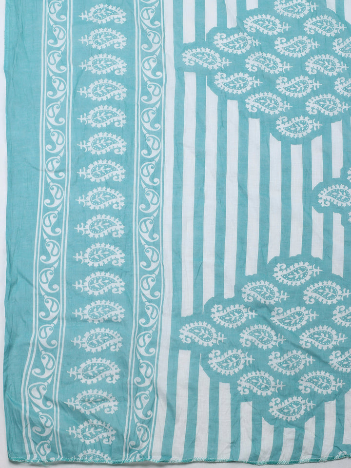 Sea Green Printed Cotton Blend Unstitched Dress Material