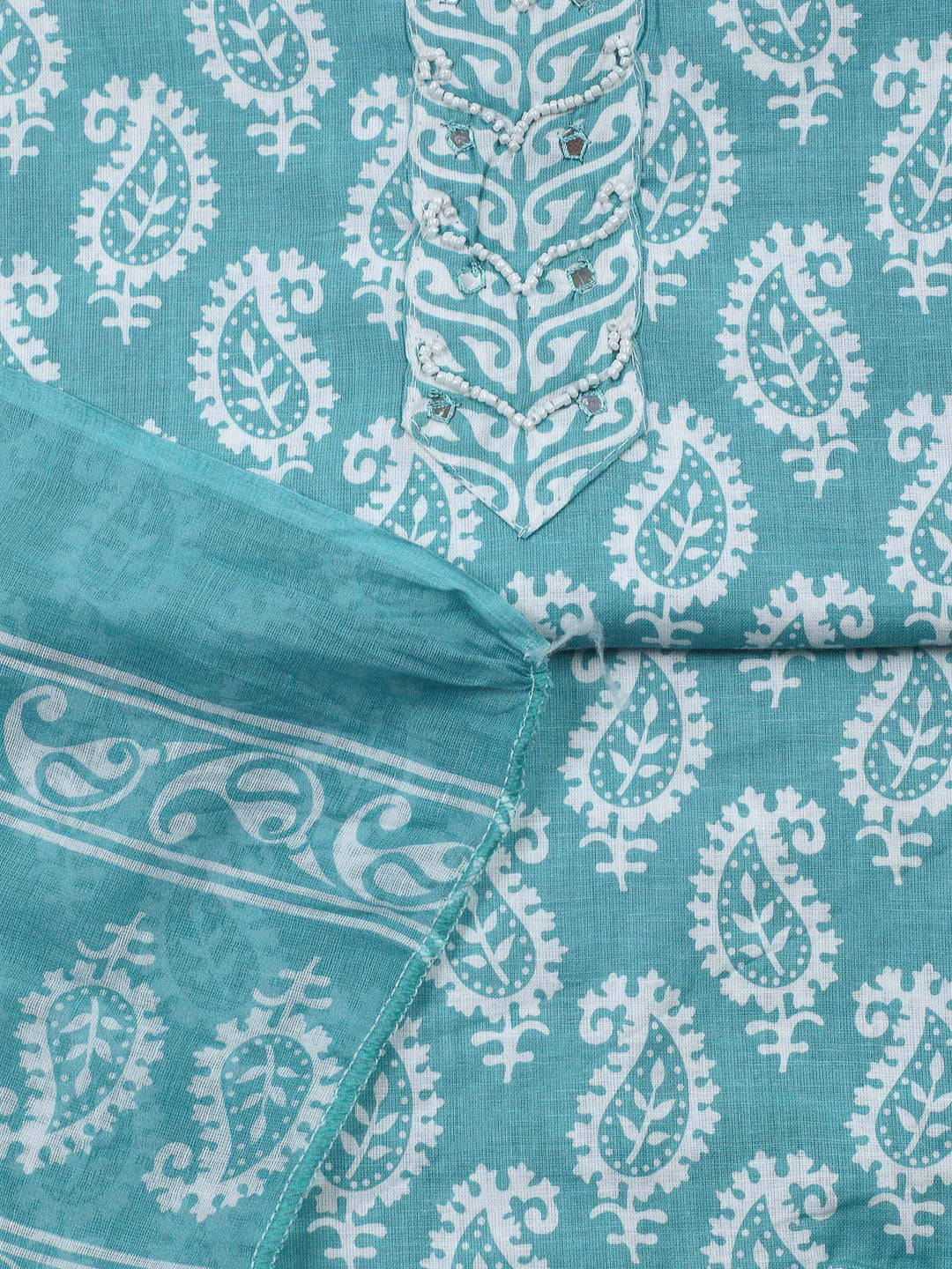 Sea Green Printed Cotton Blend Unstitched Dress Material